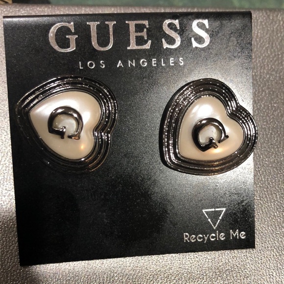 Guess Jewelry - Guess silver‎ heart shaped faux pearl inset G monogram stud earrings brand new